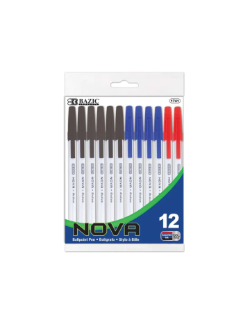 Bazic Nova Stick Pen 1.0mm Medium Point Asst Color Set 12