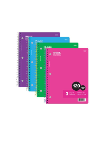 Spiral A4 Notebook 120 Pages Bazic 3 Subject 26.7cm x 20.3cm (Assorted Colours)