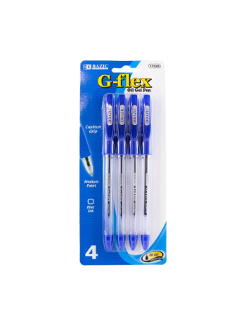 Bazic G-Flex Oil Gel Ink Pen W/ Cushion Grip 0.7Mm Blue 4/Pk- Sold Per Pack Only