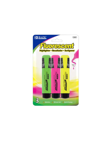 Bazic Fluorescent Highlighters With Pocket Clip / Assorted Colour Pack of 3 (With Pocket Clip) Chisel Tip