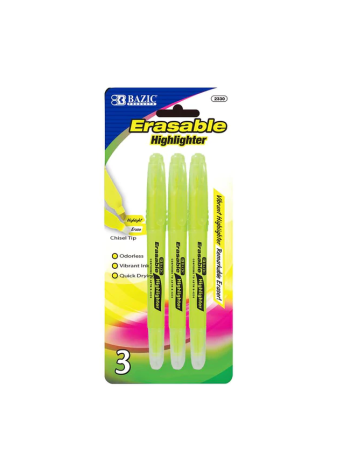 Bazic Erasable Highlighters - Yellow / Pack of 3 (Chisel Tip)