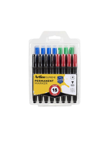 Artline Supreme Permanent Markers - Assorted Colours / Pack of 15 (Bullet 1.0mm) 4 Colours (In CDU)